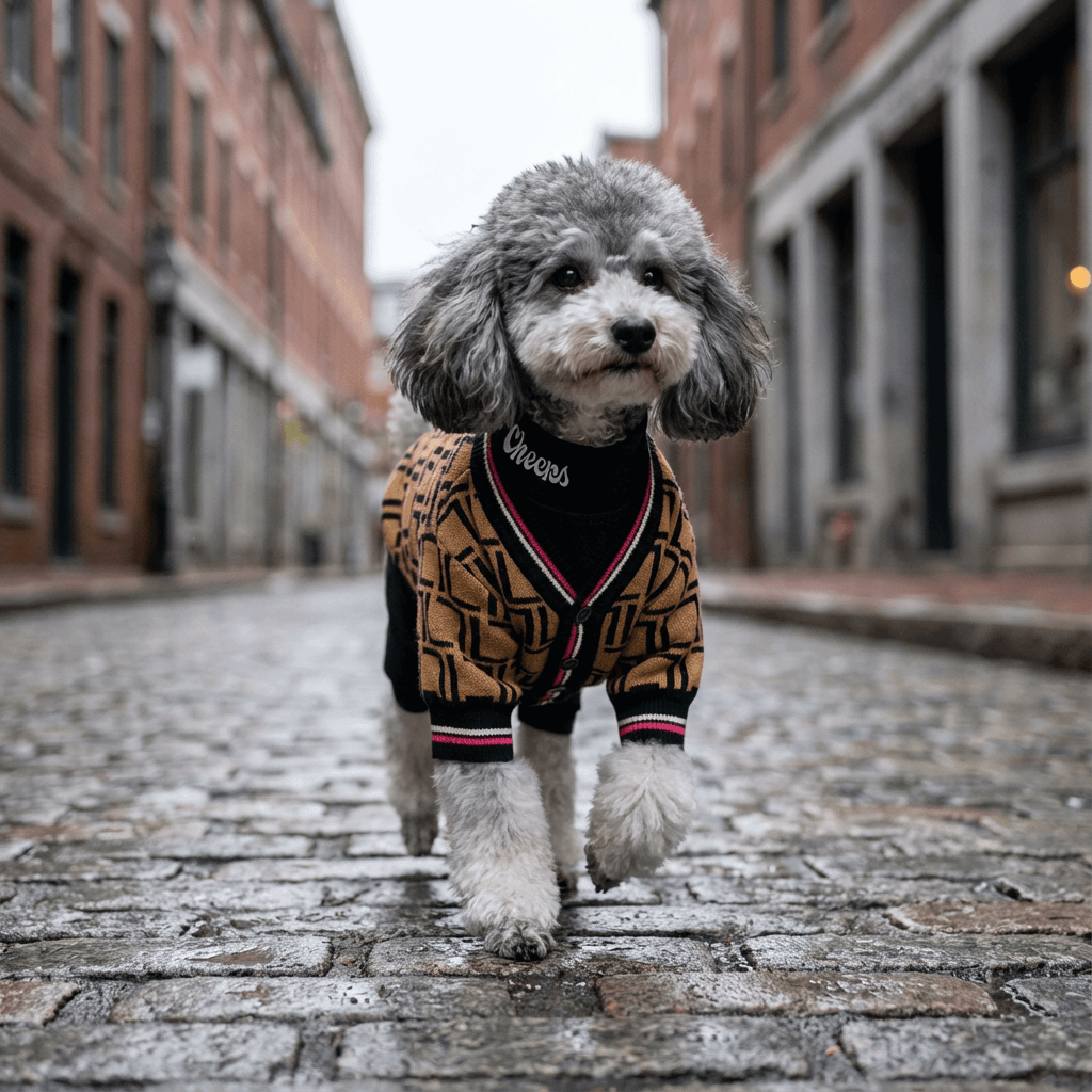 Dog Clothes Sweater on a stylish dog walking down a cobblestone street, featuring breathable fleece and relaxed fit.