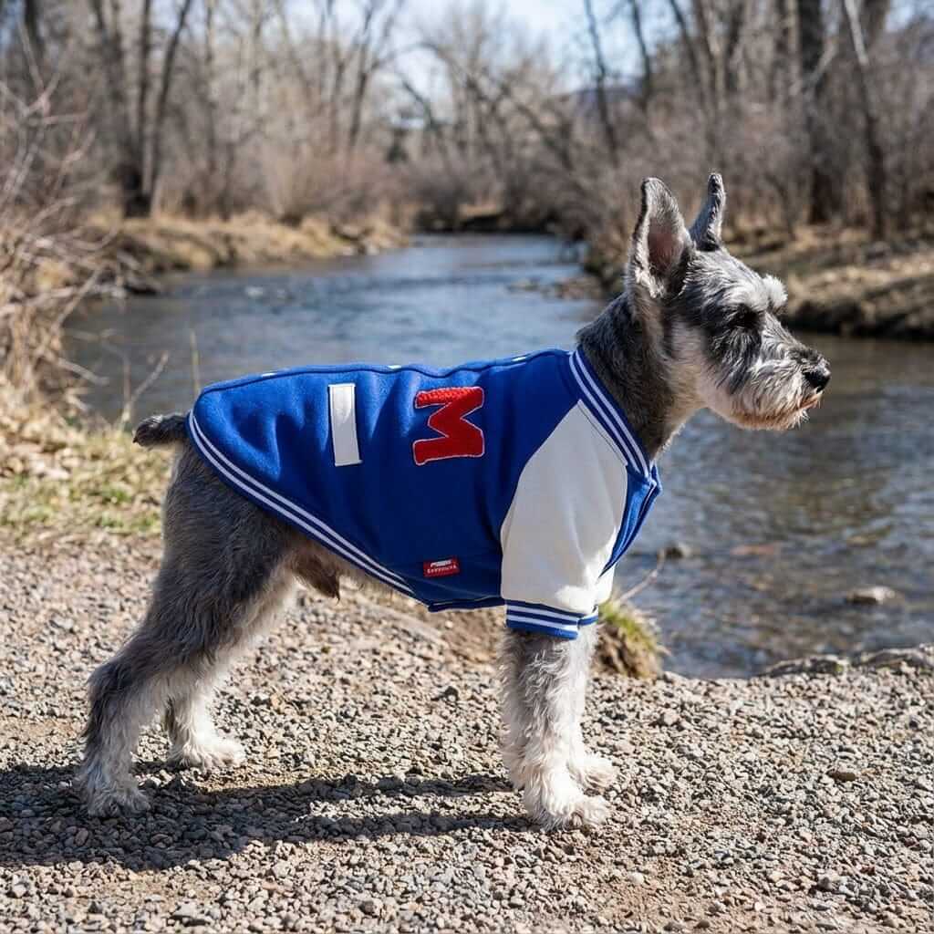 Two-legged Short-sleeved Cotton Dog Coat on a dog by the river, features breathable fabric, lightweight feel.