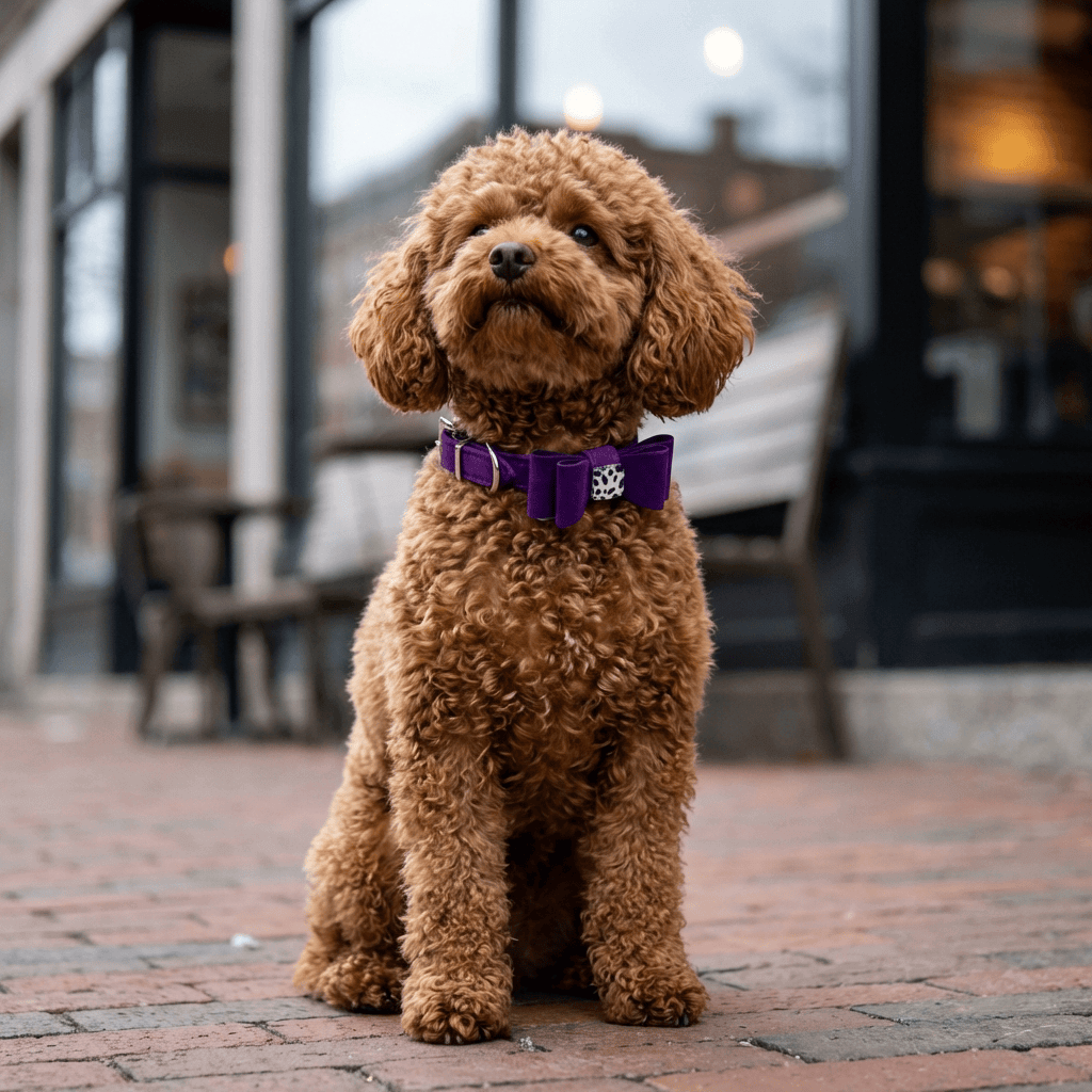 Dog collar made of flannelette with bow tie on a curly-coated dog sitting outdoors.