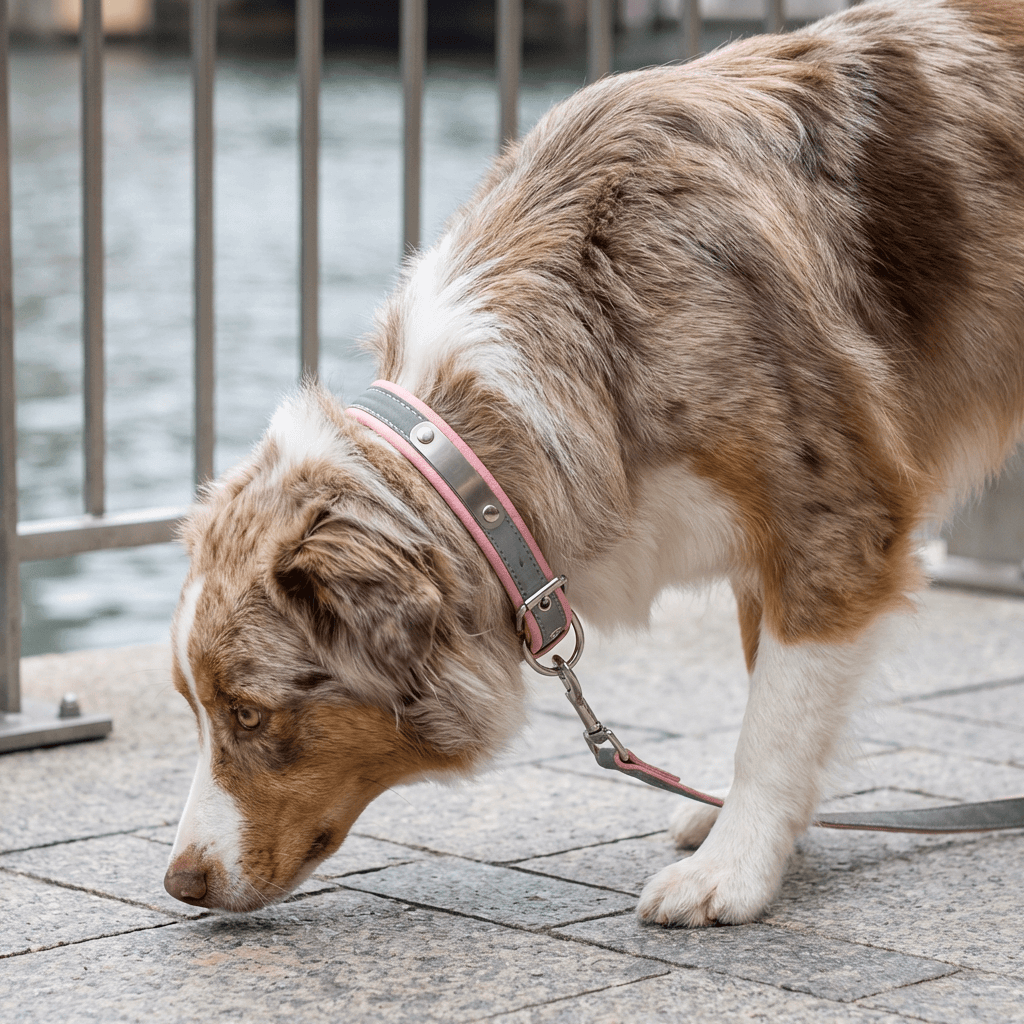 Dog Collar with Stainless Steel Nameplate on a dog, featuring soft padding, ergonomic design, and reflective stitching.