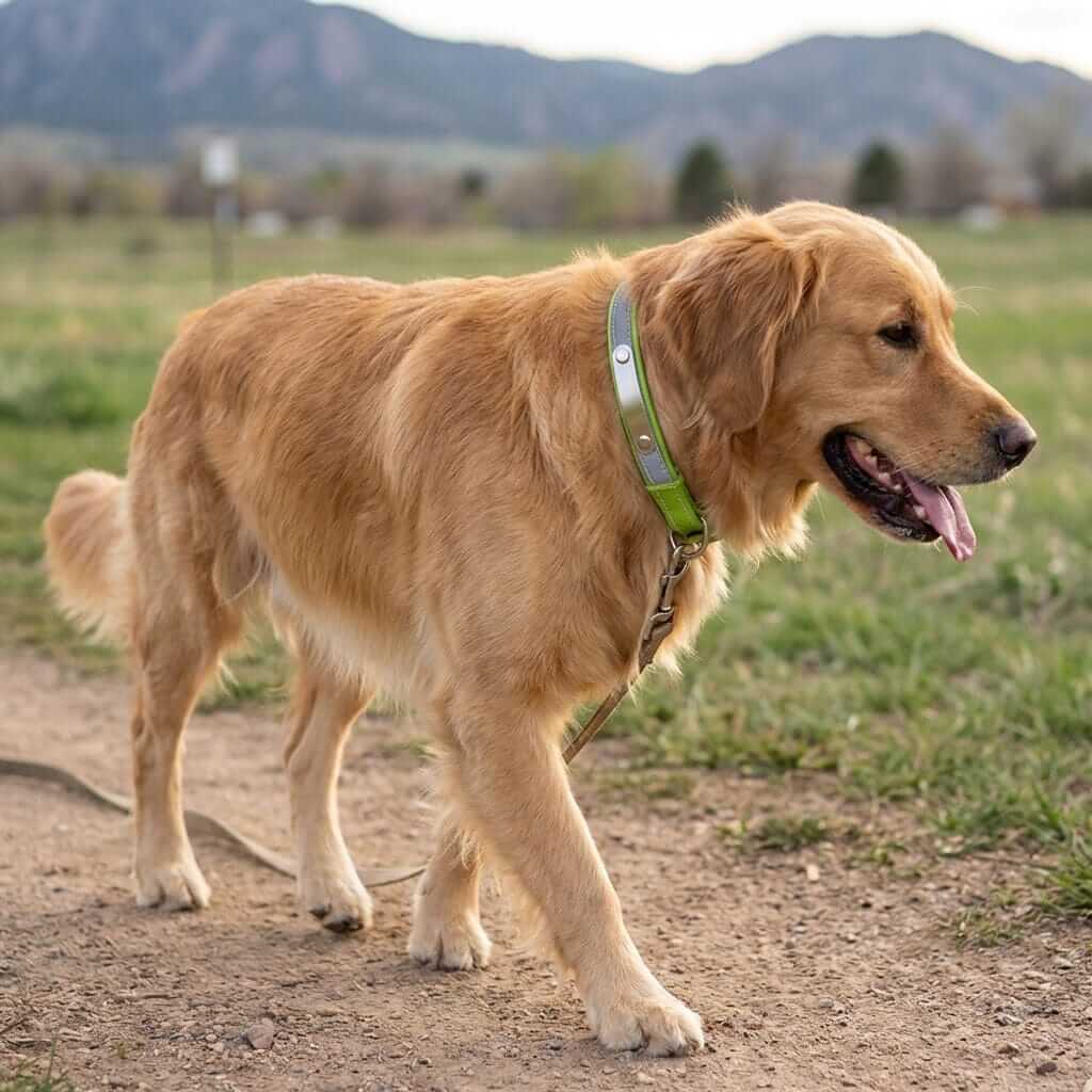 Dog Collar with Stainless Steel Nameplate worn by golden retriever, ergonomic design, soft padded, reflective stitching, Dogs & Cats brand.