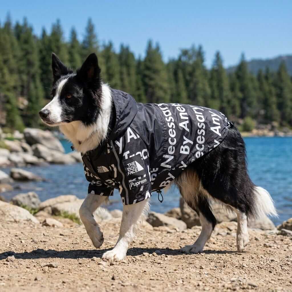 Dog Face Windproof Jacket on a dog, made with soft polyester, stylish design for Dogs & Cats.