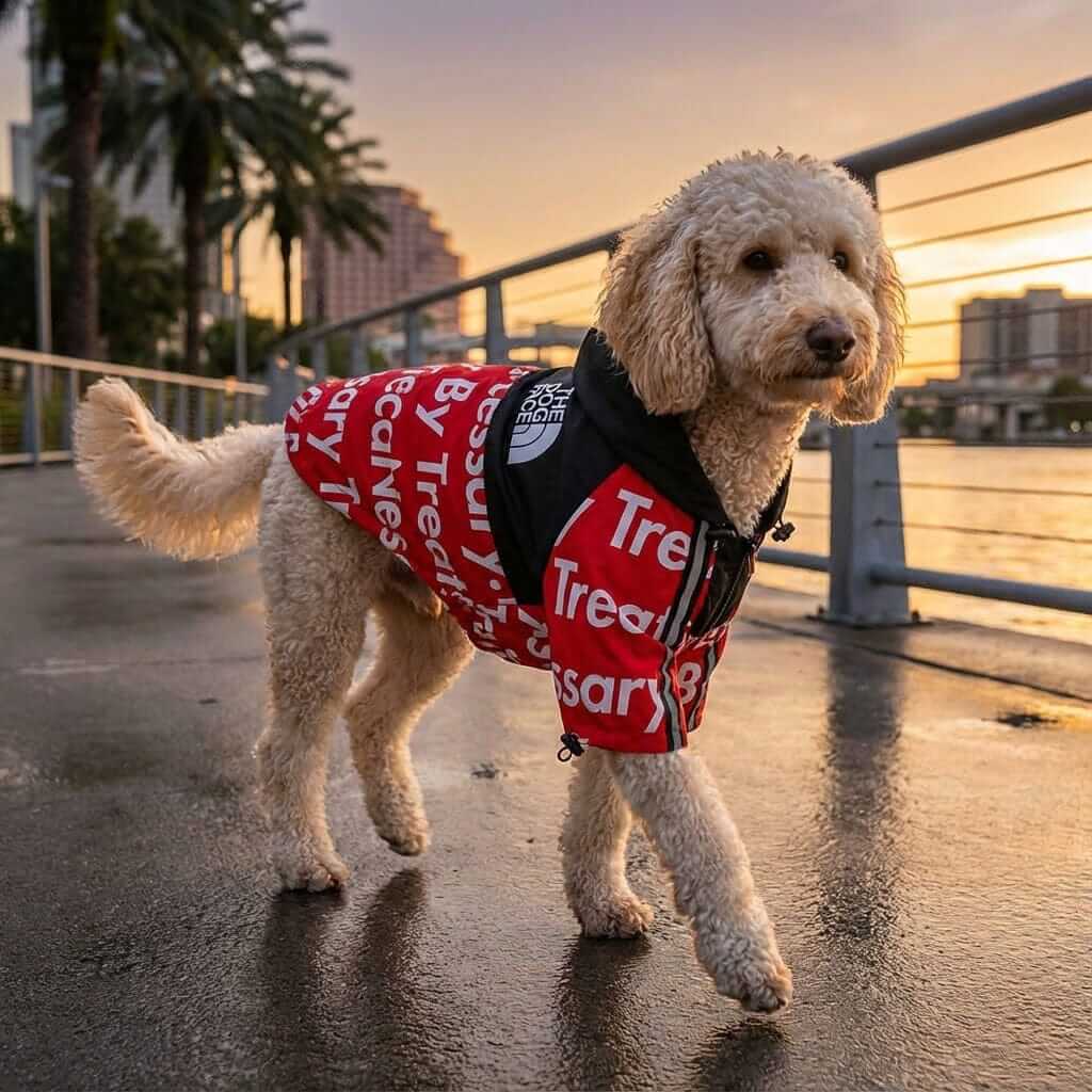 Dog Face Windproof Jacket on a stylish dog walking by the waterfront, featuring soft polyester and a snug fit.