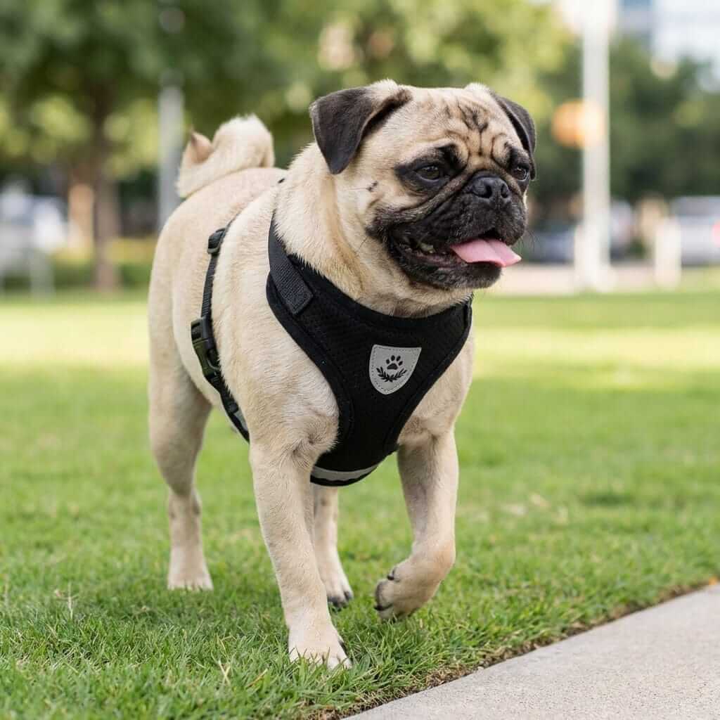 Dog Harness Leash Set on a pug, featuring adjustable chest belt and soft air-mesh padding for comfort, Dogs & Cats brand.