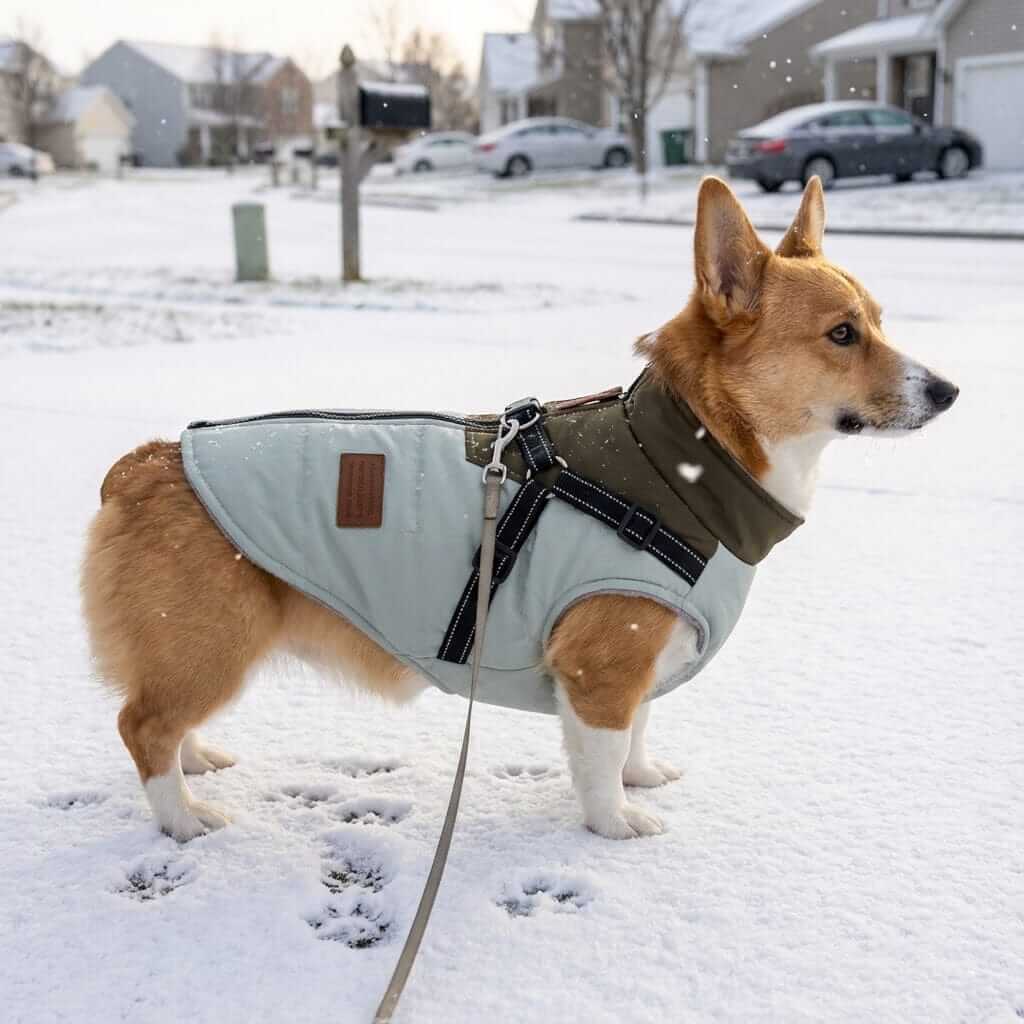 Dog Jacket with Harness on a corgi in snow, waterproof, windproof, ideal for cold weather adventures.