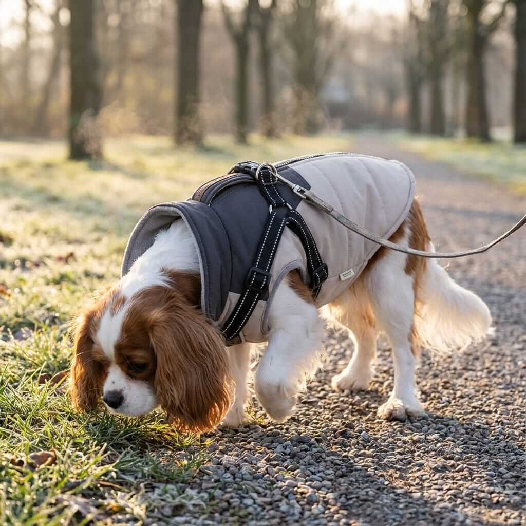Dog Jacket with Harness on a Cavalier King Charles Spaniel, waterproof, windproof, perfect for outdoor adventures.
