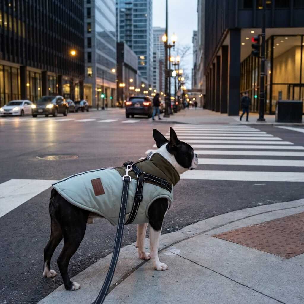 Dog Jacket with Harness on a Boston Terrier in the city, waterproof and windproof, by Dogs & Cats.