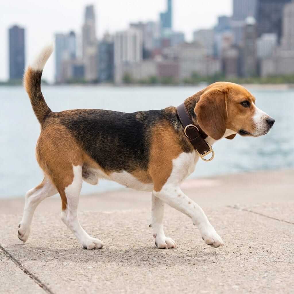 Dog Leather Adjustable Collar on a beagle walking by the lake in an urban setting, showcasing style and durability.