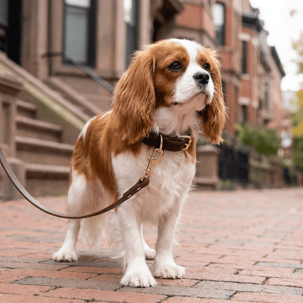 Dog Leather Adjustable Collar on a Cavalier King Charles Spaniel, showcasing genuine leather and durable design.
