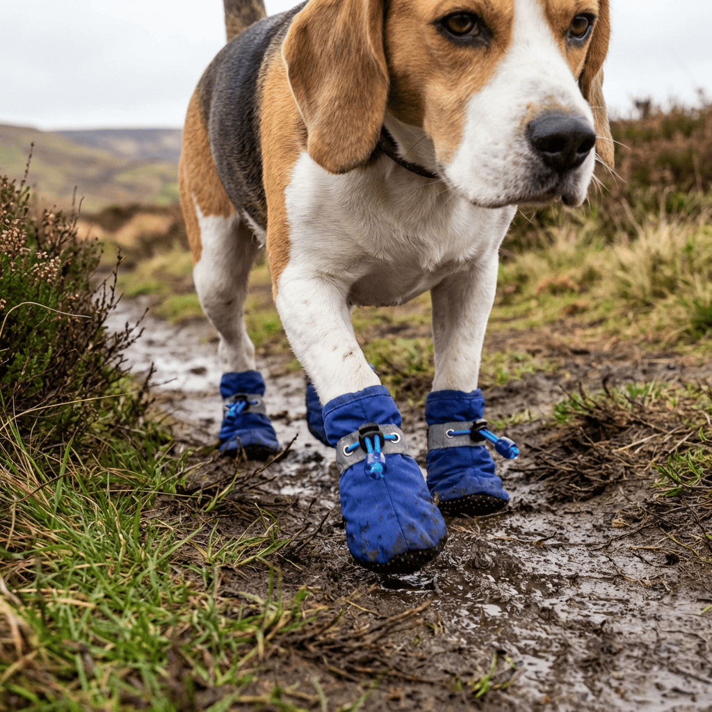 Dog Soft Bottom Rain Boots on a beagle in a muddy path, protecting paws with a snug fit. Perfect for outdoor adventures.