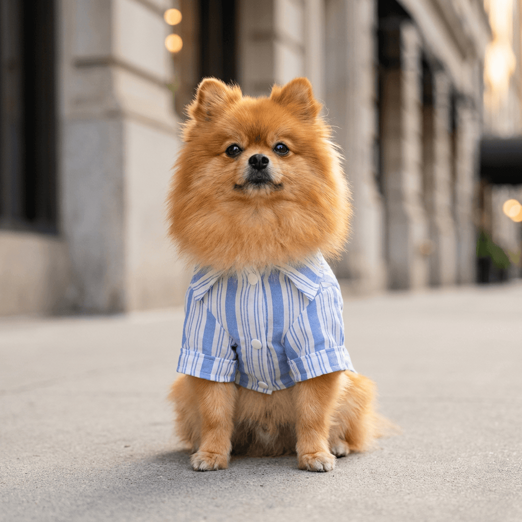 Dog Striped Pet Shirt on a Pomeranian, featuring step-in design and adjustable fasteners, perfect for dogs and cats.