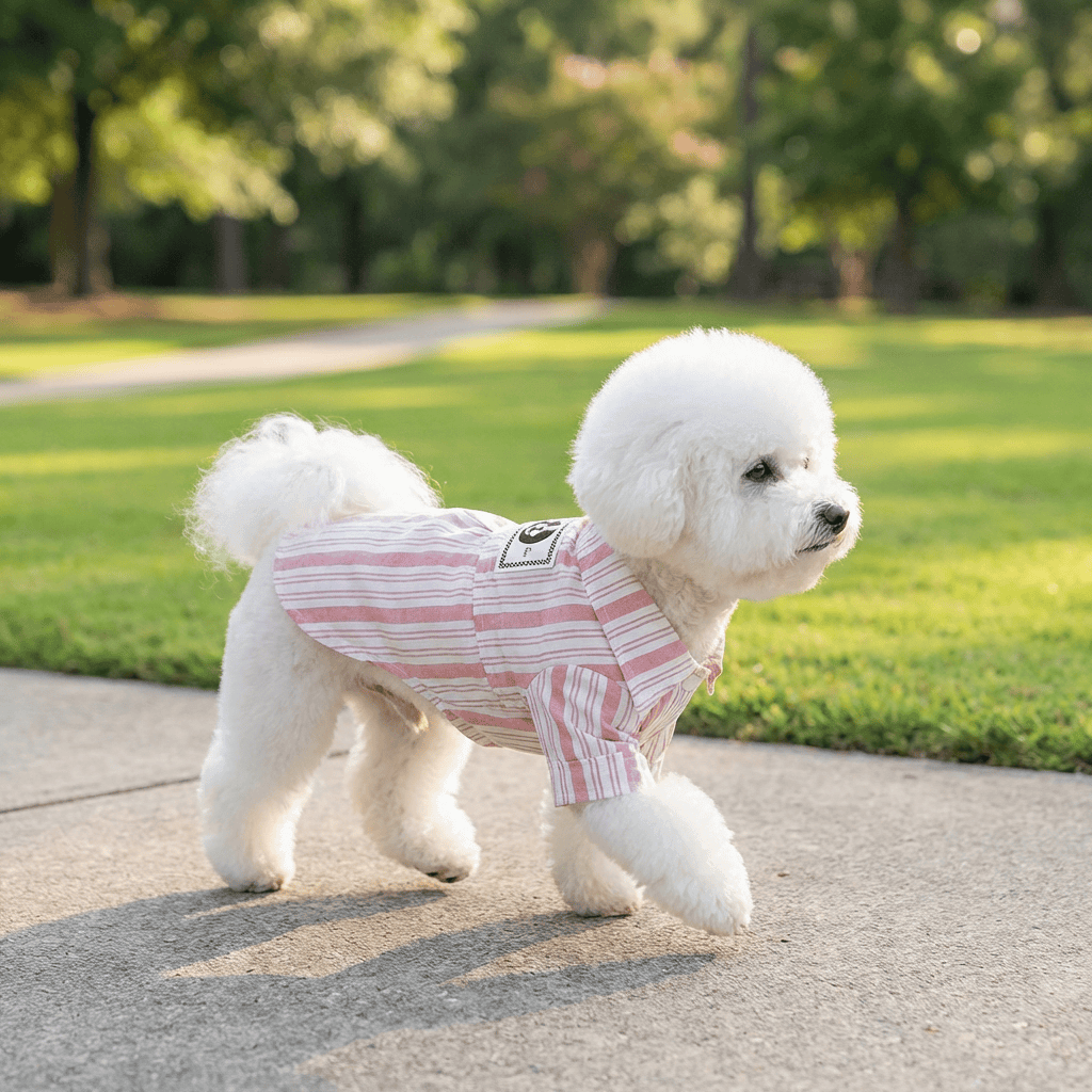 Dog Striped Pet Shirt on a fluffy white dog walking in the park, featuring adjustable hook-and-loop fasteners.