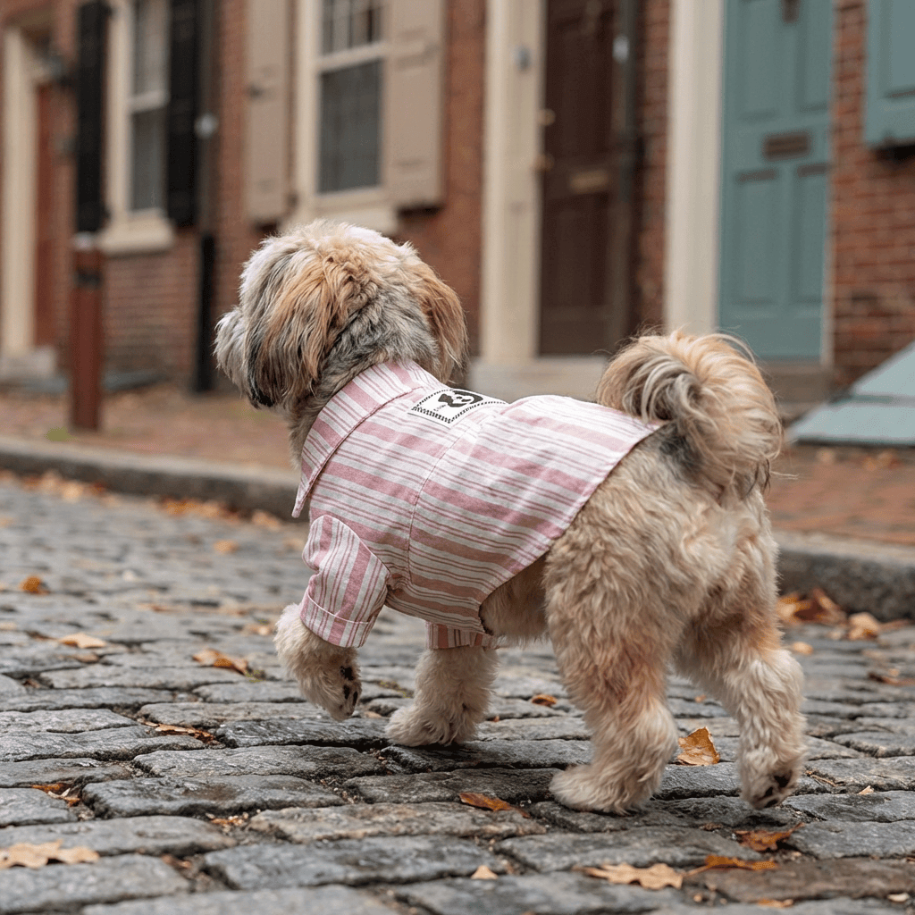 Dog Striped Pet Shirt on a playful dog walking in the street, featuring adjustable fasteners and leash hole.