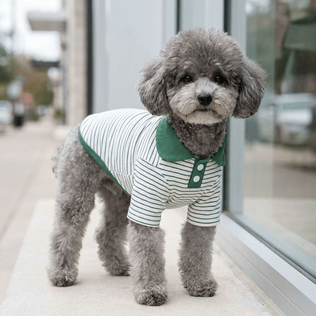 Cute dog wearing a Dog Striped T-shirt with a turn-down collar, stylish stripes, and short sleeves. Dogs & Cats brand.