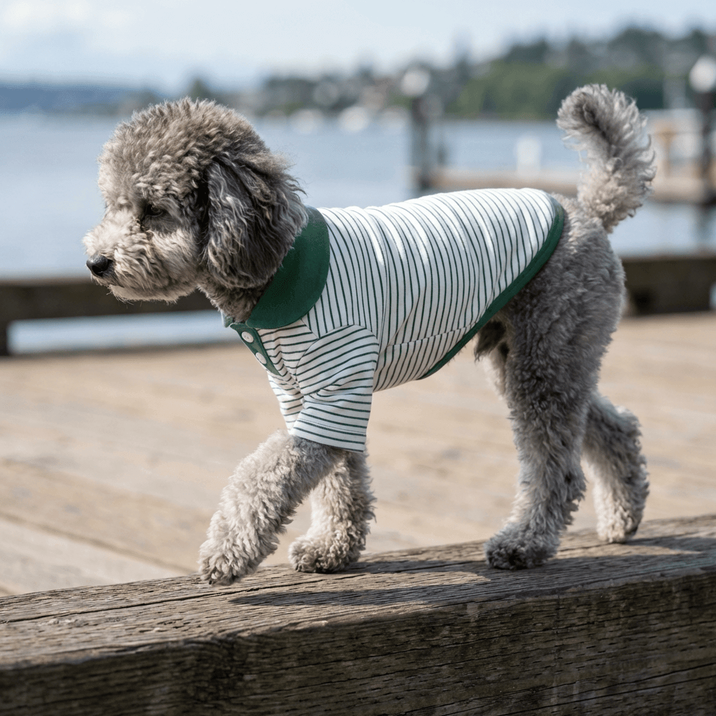 Dog Striped T-shirt on a furry dog, featuring striped design and turn-down collar, perfect for stylish pets by Dogs & Cats.