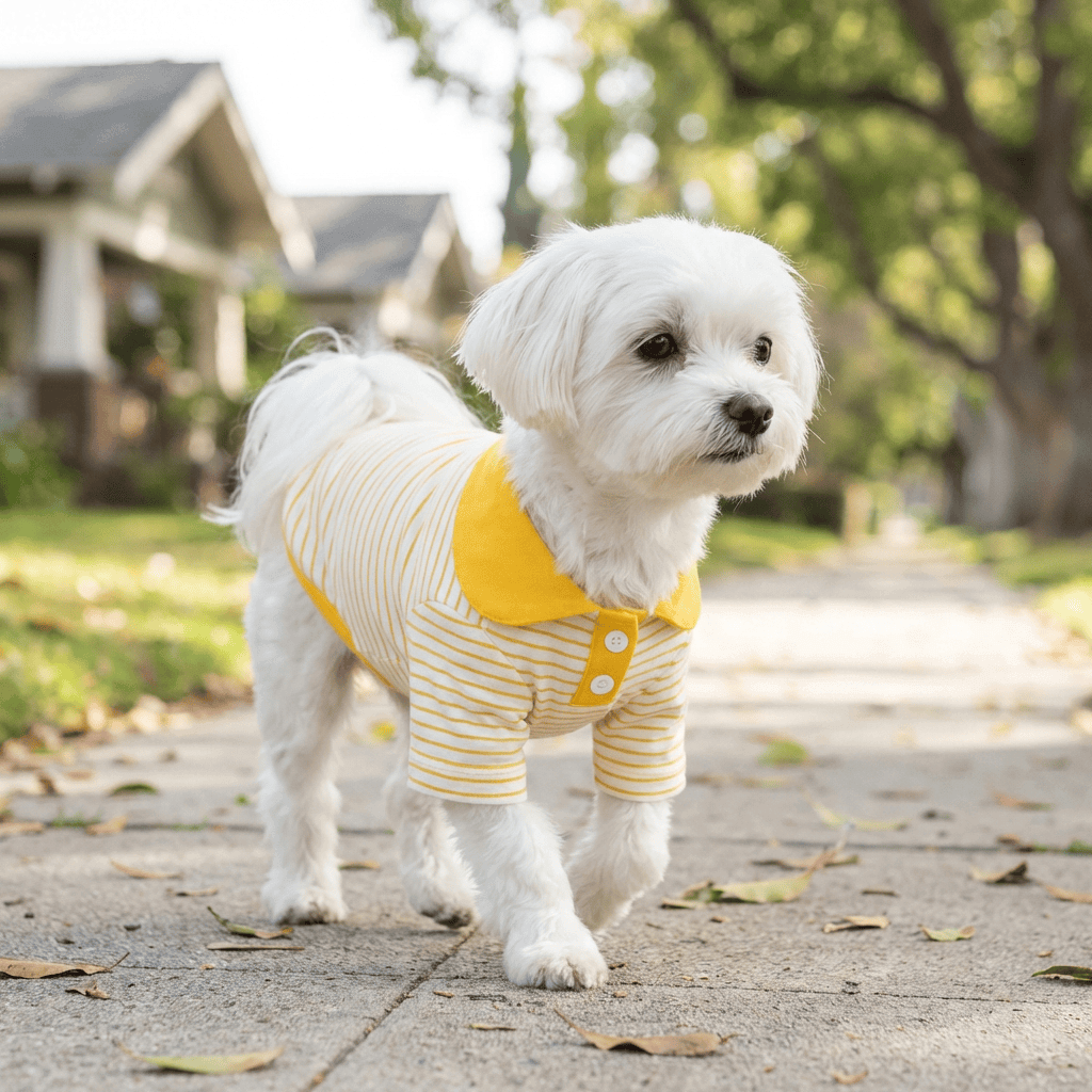Dog Striped T-shirt on a stylish dog walking outdoors, featuring breathable cotton, turn-down collar, and short sleeves.
