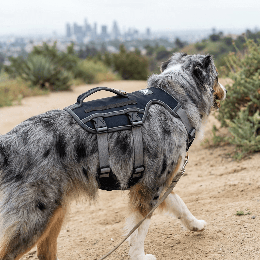 Dog Thoracolumbar Harness on a dog hiking, comfortable fit, breathable material, secure and stylish for dogs and cats.
