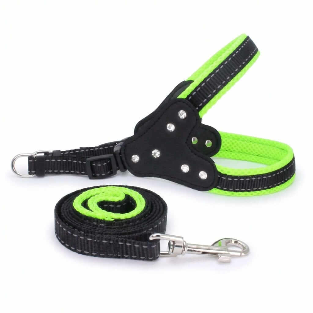 Dog Triangle Chest Strap in black and neon green with adjustable features for comfort and style for dogs and cats.