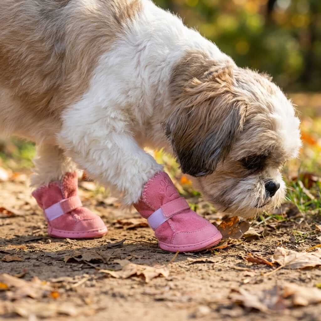 Dog Warm Teddy Boots on a dog in a park, featuring water-resistant and anti-slip soles by Dogs & Cats.