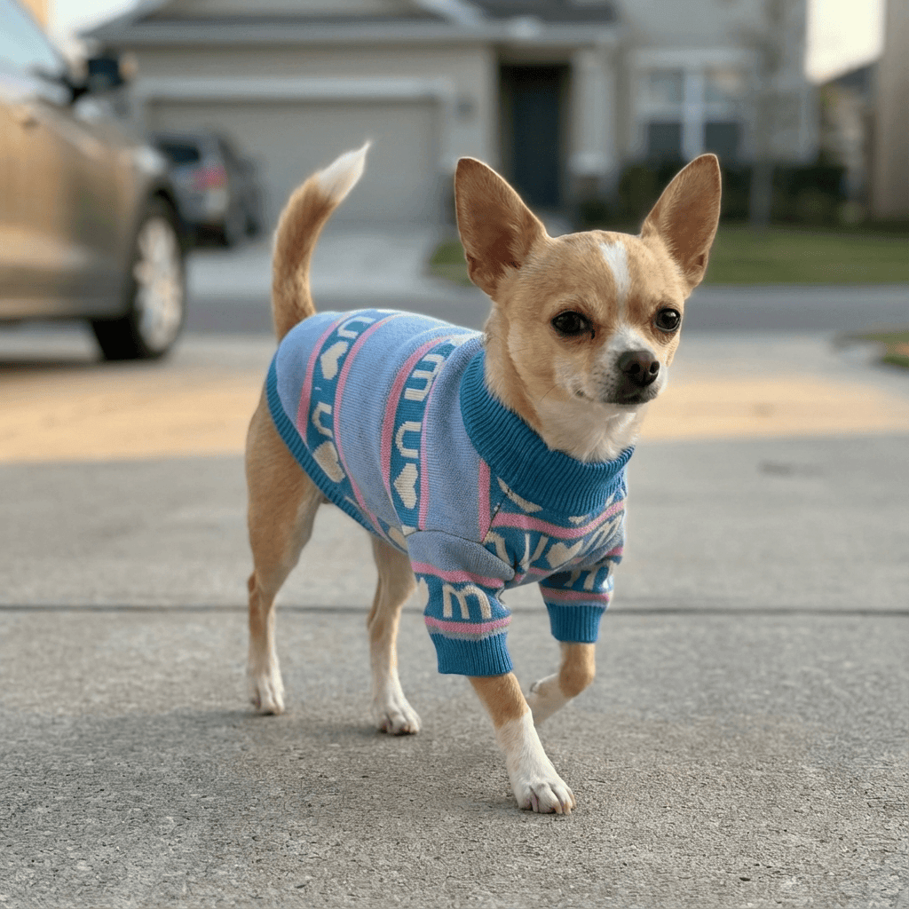 CozyLayer Dog Sweater on a stylish Chihuahua, featuring a vibrant design for warmth and comfort.