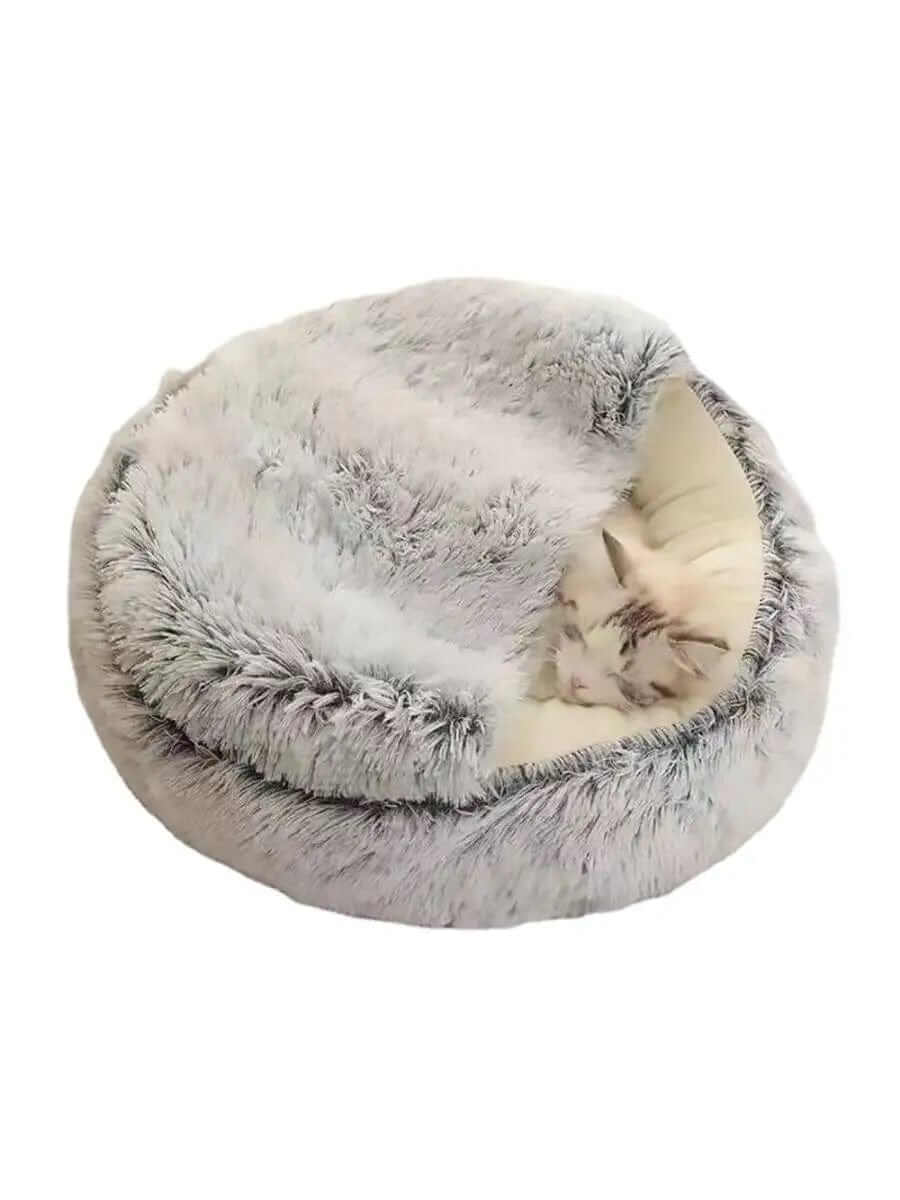 SnuggleNest Plush Cave Cat Bed featuring plush fabric, cozy round design for cats and dogs, ultimate comfort.