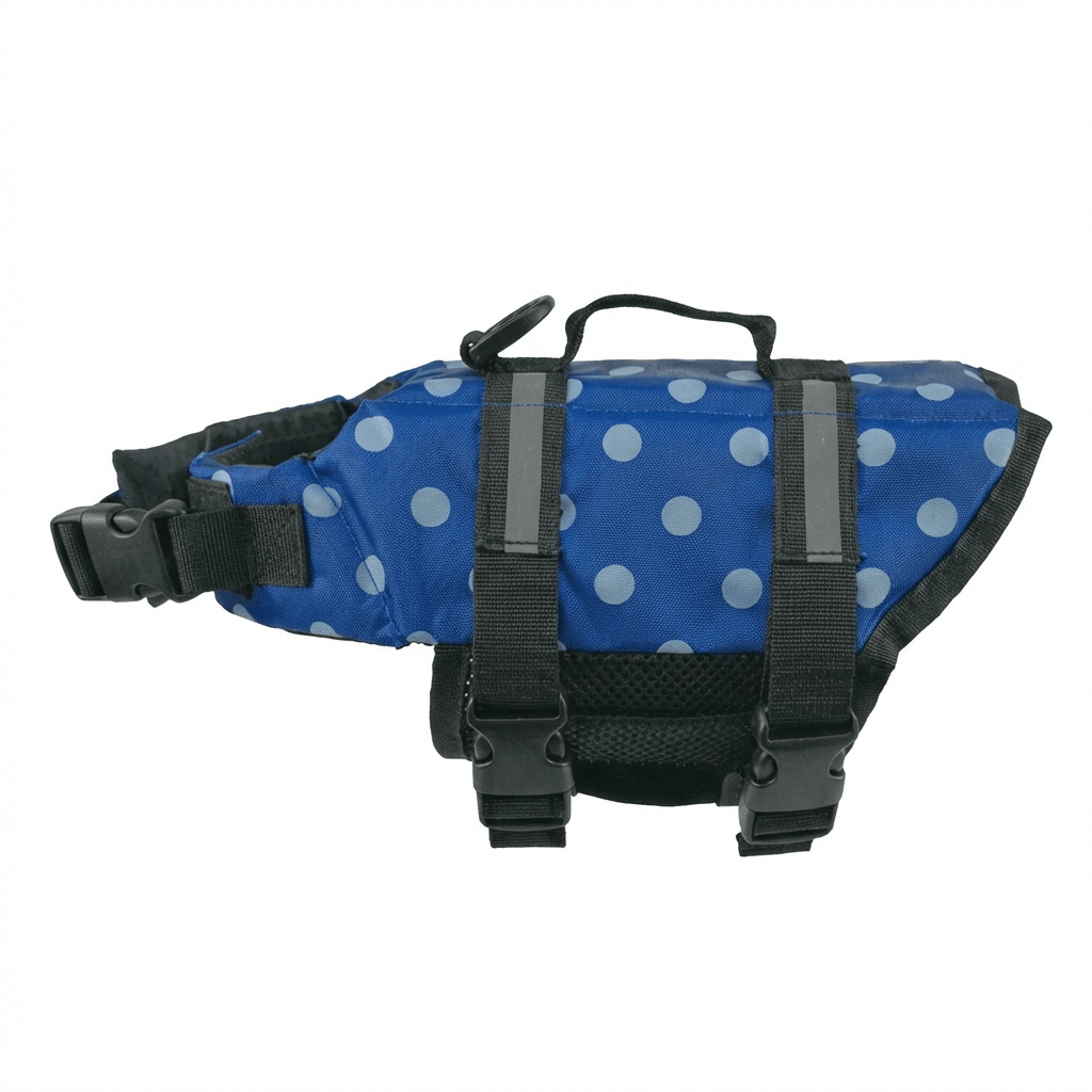 Dog's Life Jacket by Dogs & Cats brand, blue polka dot swimwear, adjustable straps, comfortable design for natural swimming.