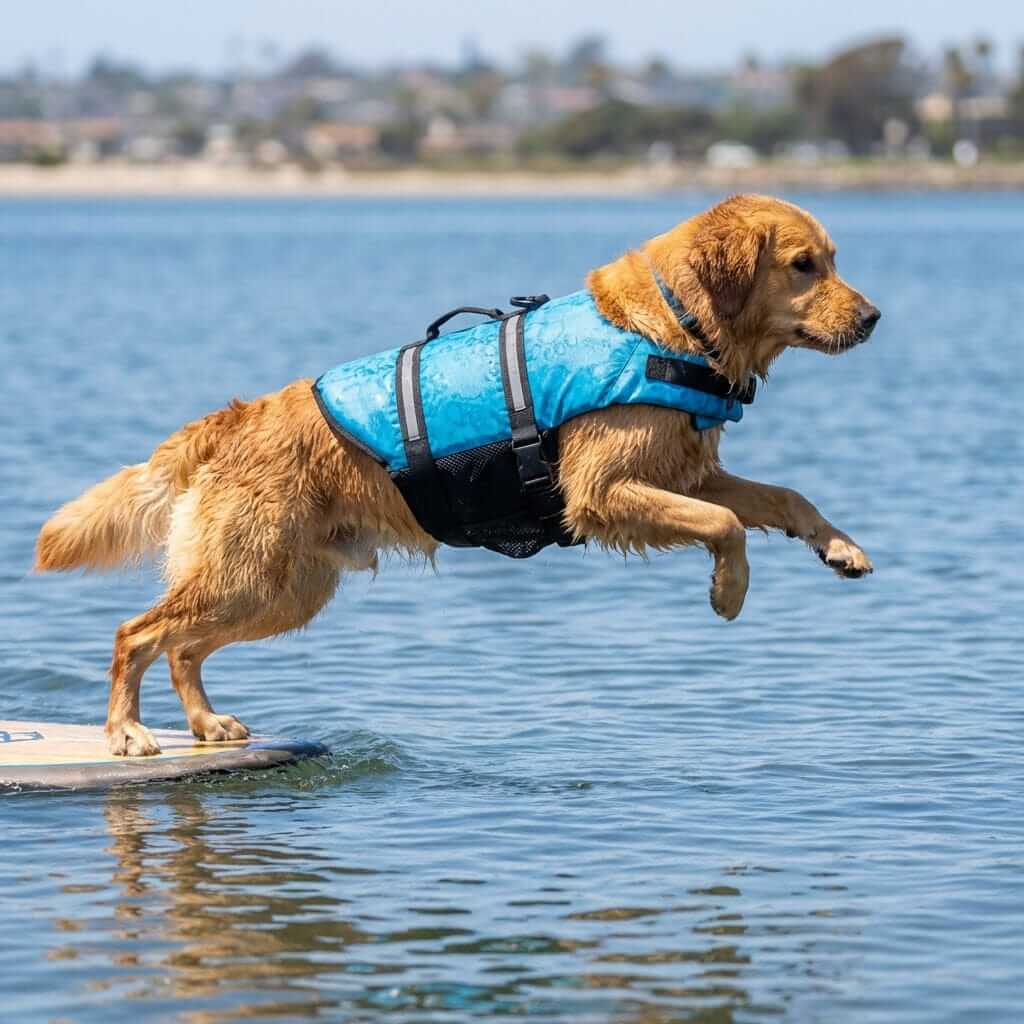 Dog's Life Jacket for swimming, features adjustable straps and velcro fastening. Comfortable for dogs & cats.