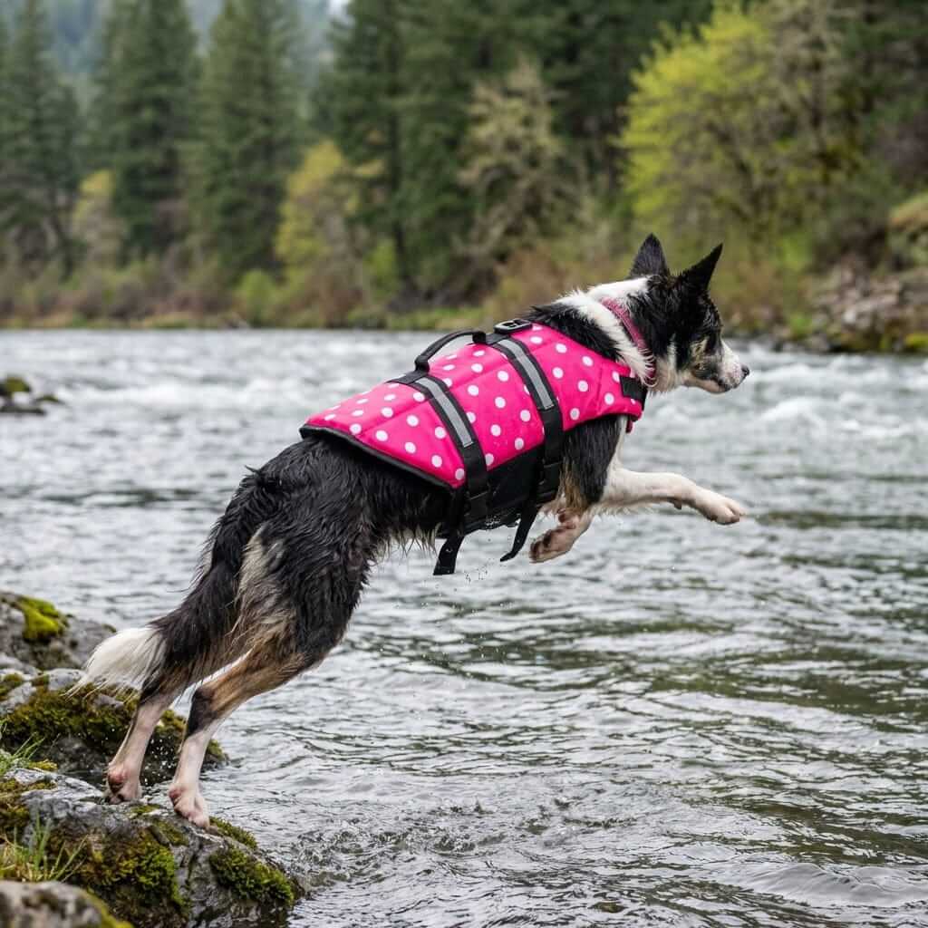 Dog's Life Jacket by Dogs & Cats, pink polka dot swimwear, comfortable design, adjustable straps, perfect for natural swimming.