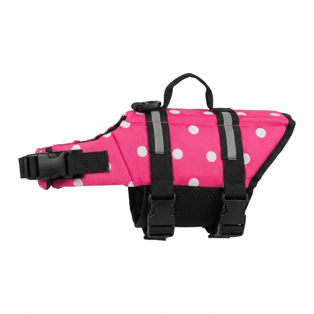 Dog's Life Jacket in pink with white polka dots, featuring adjustable straps and secure fastening for dogs.
