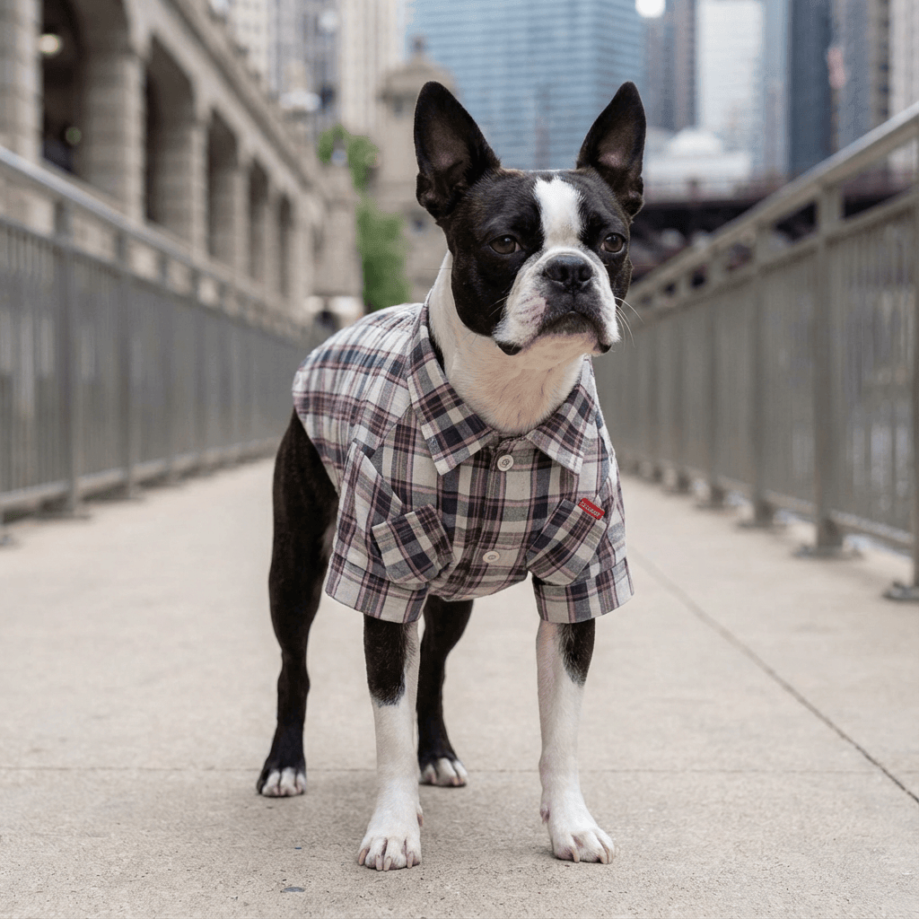 Double Diagonal Pocket Dog Plaid Shirt on a stylish dog outdoors, featuring button up closure and breathable material.