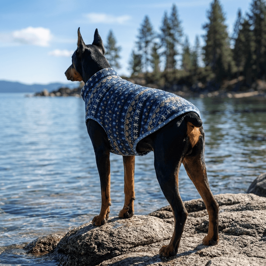 Double-Sided Casual Polka-dot Knitted Dog Vest on a Doberman, breathable lightweight design by Dogs & Cats.