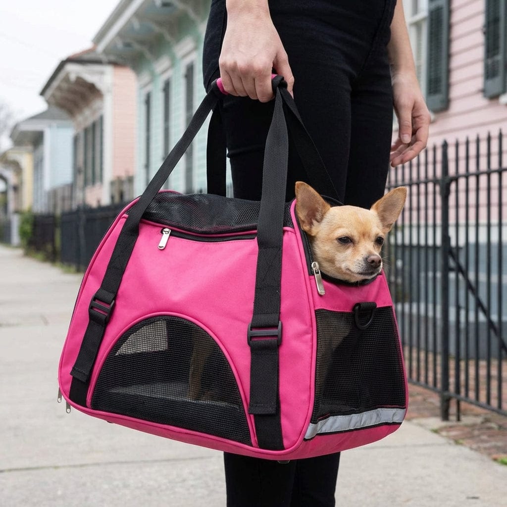 Easy & Comfortable Pet Carrier Bag for dogs & cats with fleece lining and multiple windows for ventilation.
