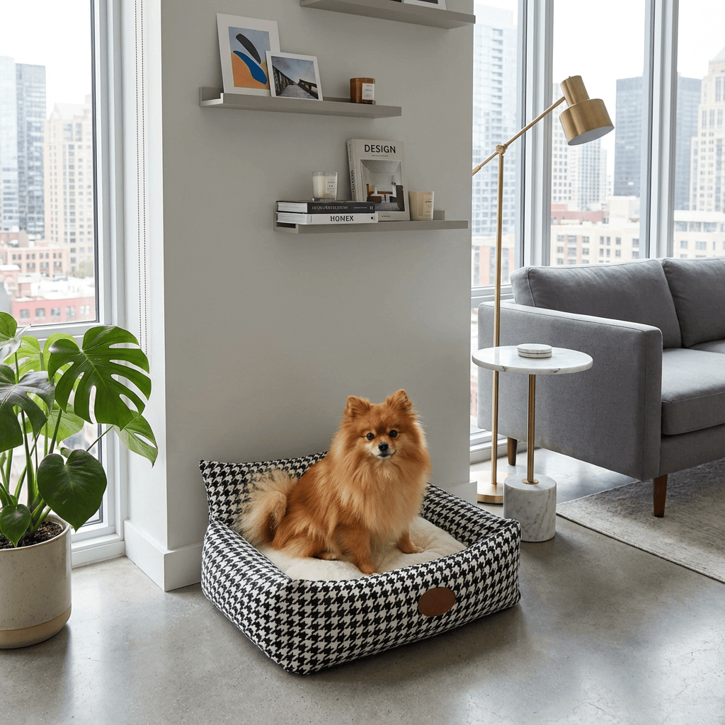 Eco-Friendly Luxury Orthopedic Pet Bed with stylish houndstooth pattern for dogs and cats in a modern living room.