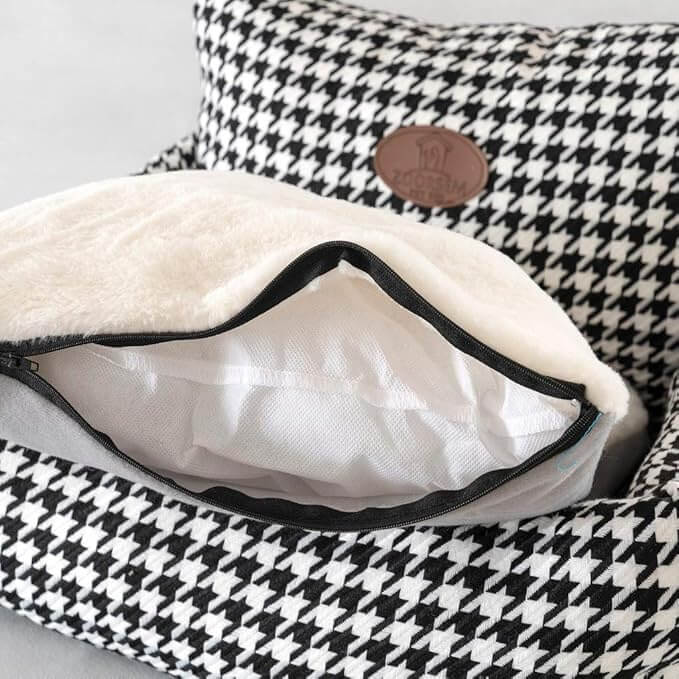 Eco-Friendly Luxury Orthopedic Pet Bed showing houndstooth pattern and removable cover for easy washing.