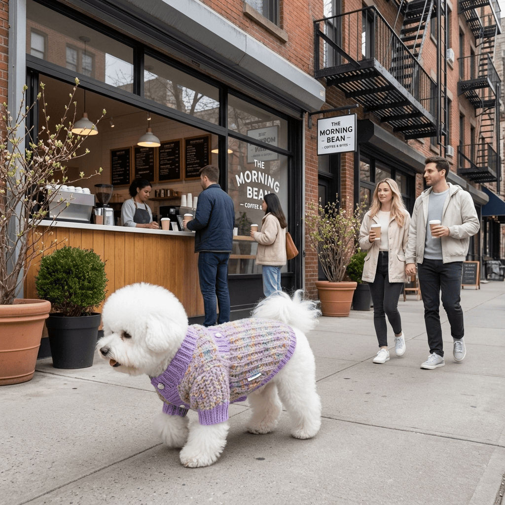 Elegance Knit Dog Sweater on a Bichon Frise in a city setting, showcasing warmth and style for dogs.