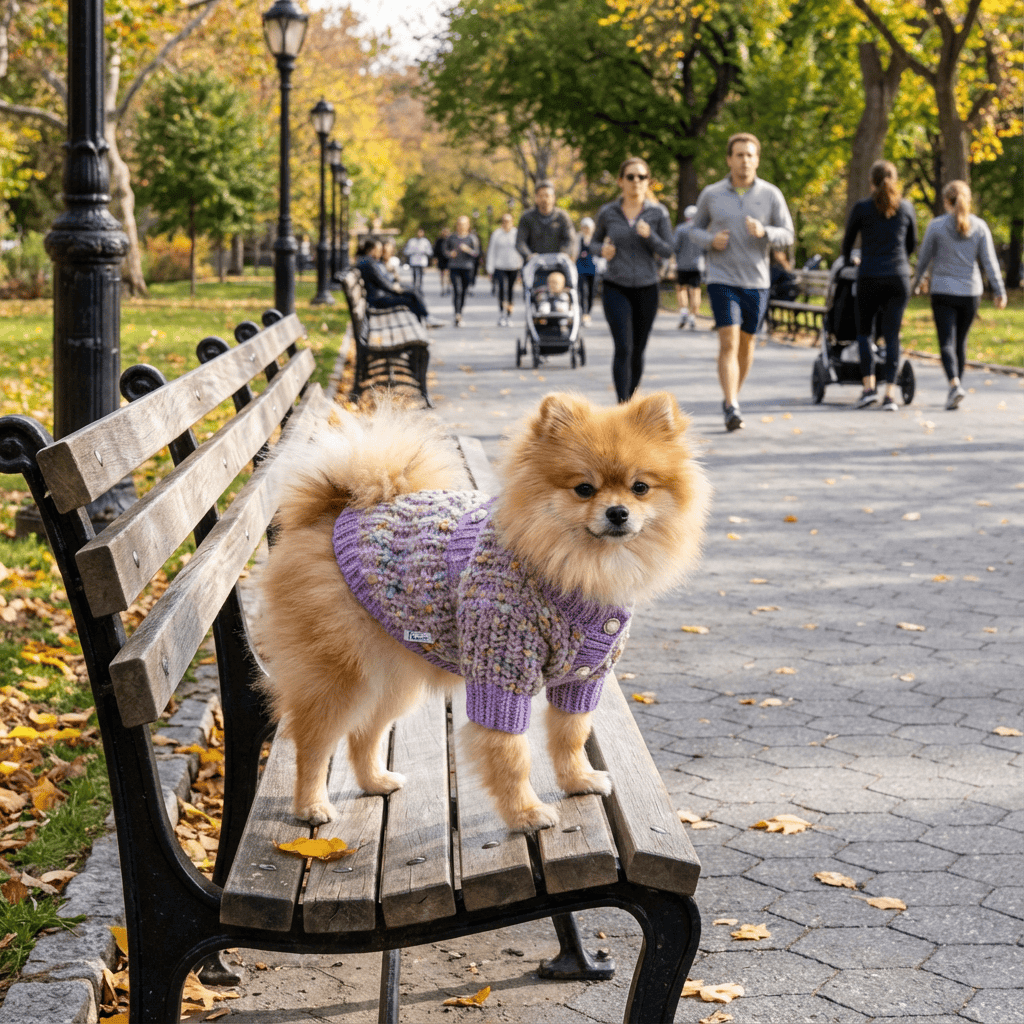 Pomeranian in an Elegance Knit Dog Sweater enjoying a walk in the park, showcasing style and warmth.