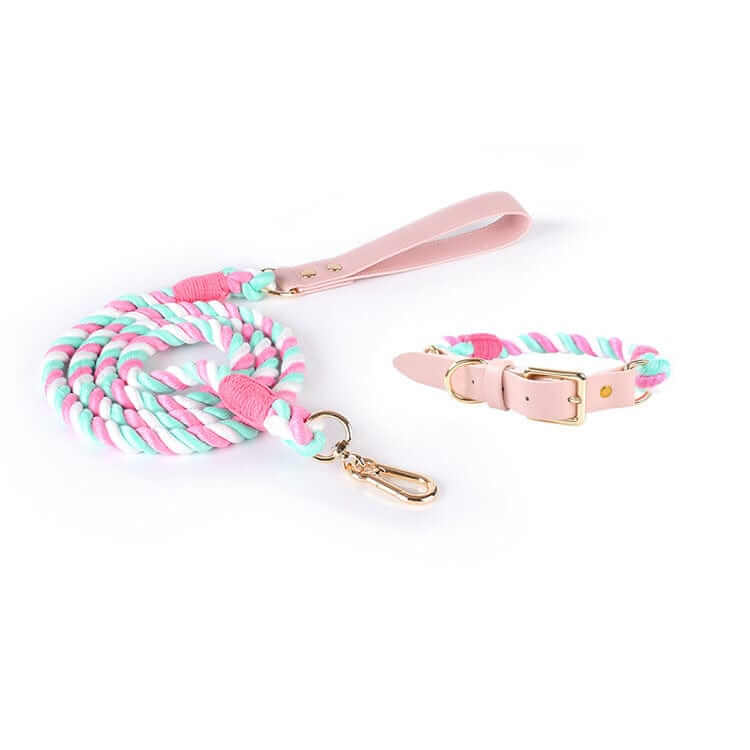 EleganceBound Collar Set, luxury woven cotton rope and leather collar and leash set for Dogs & Cats.
