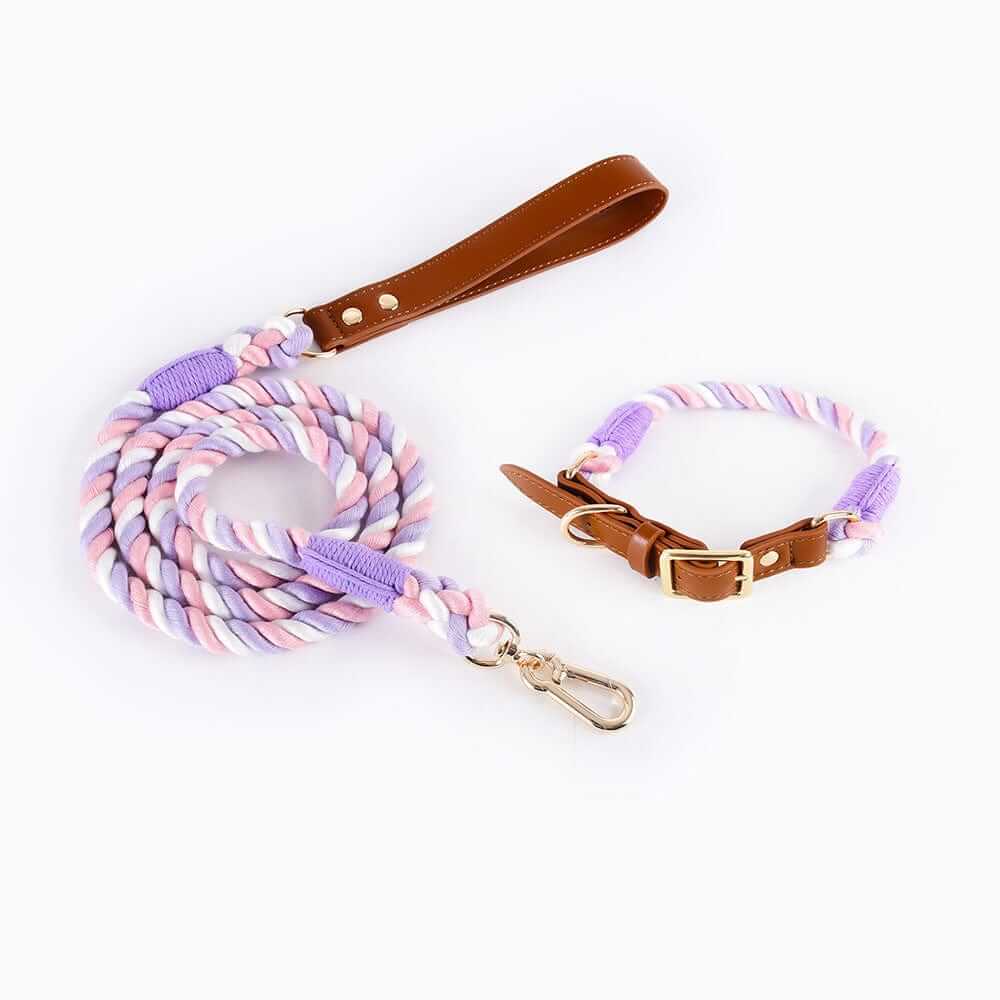 EleganceBound Collar Set featuring a woven cotton rope leash and leather collar for Dogs & Cats, stylish and durable.