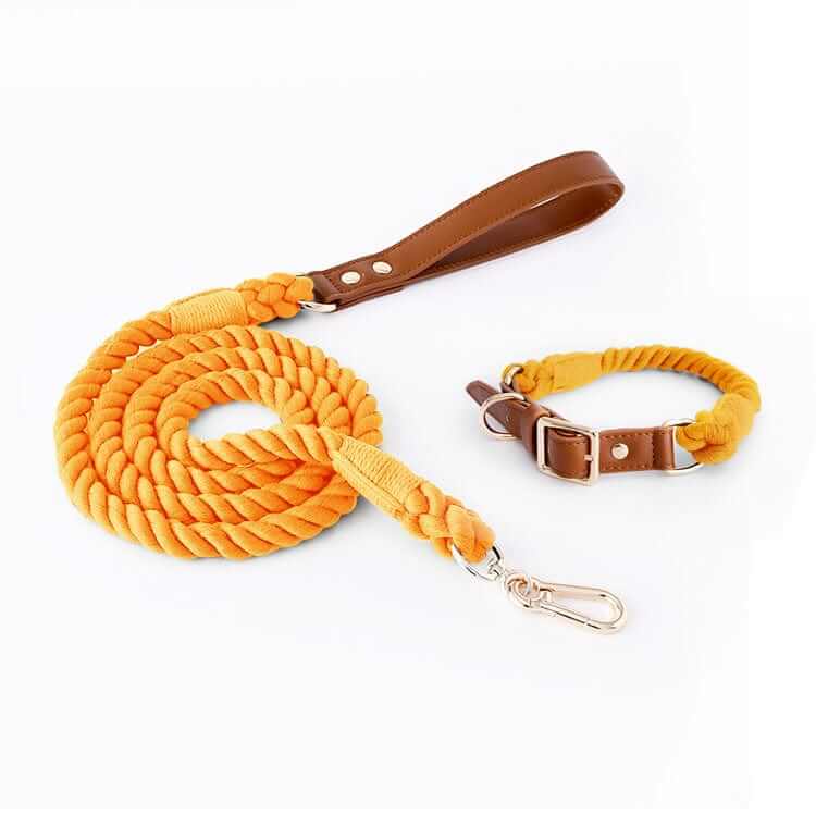 EleganceBound Collar Set: Luxury cotton and leather collar and leash set for dogs by Dogs & Cats, featuring a stylish yellow design.