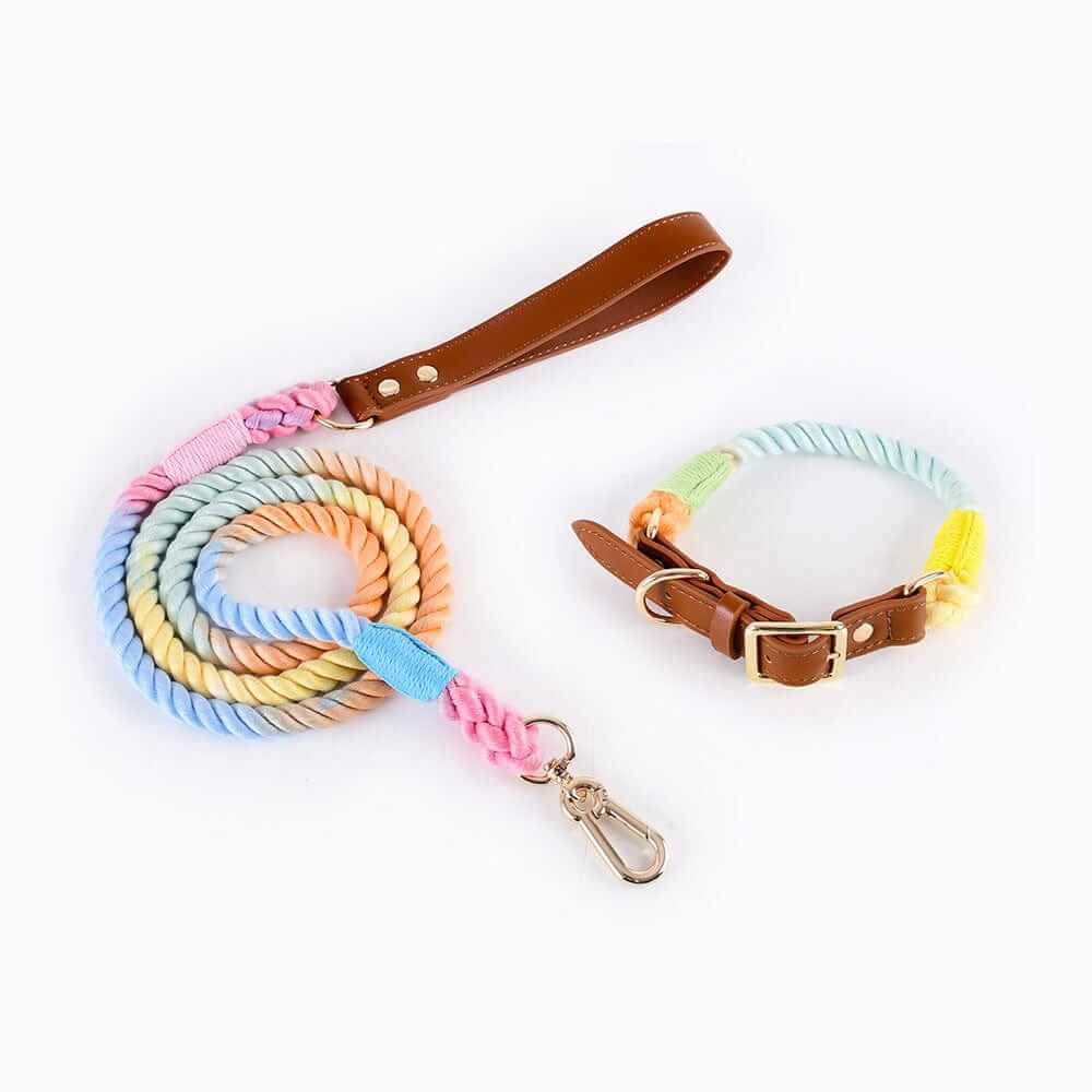 EleganceBound Collar Set - Cotton & Leather Collar with Colorful Rope Leash - Dogs & Cats