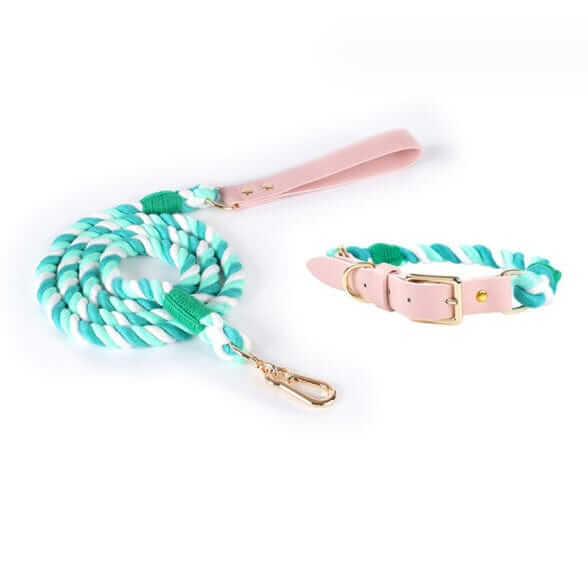 EleganceBound Collar Set featuring woven cotton rope leash and premium leather collar for Dogs & Cats.
