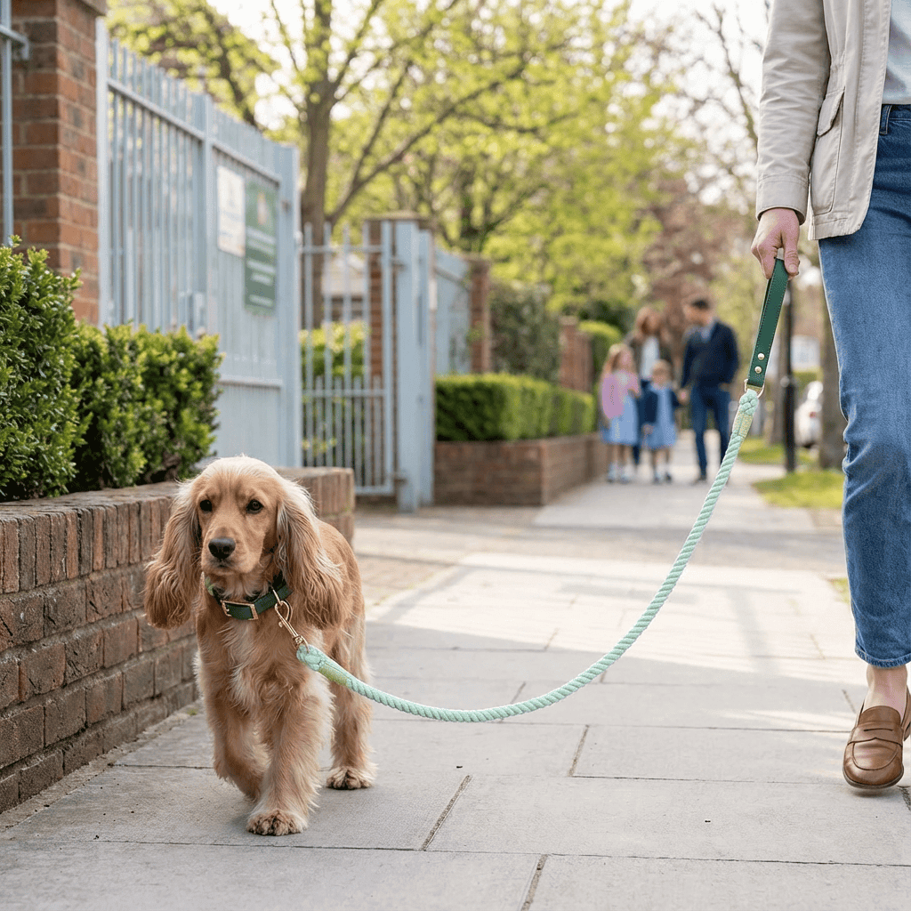 EleganceBound Collar Set on a golden Cocker Spaniel walking with a leash in a park setting, showcasing style and luxury.