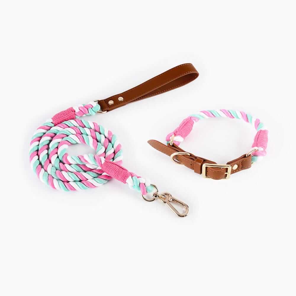 EleganceBound Collar Set featuring woven cotton and premium leather for dogs and cats, stylish and durable design.