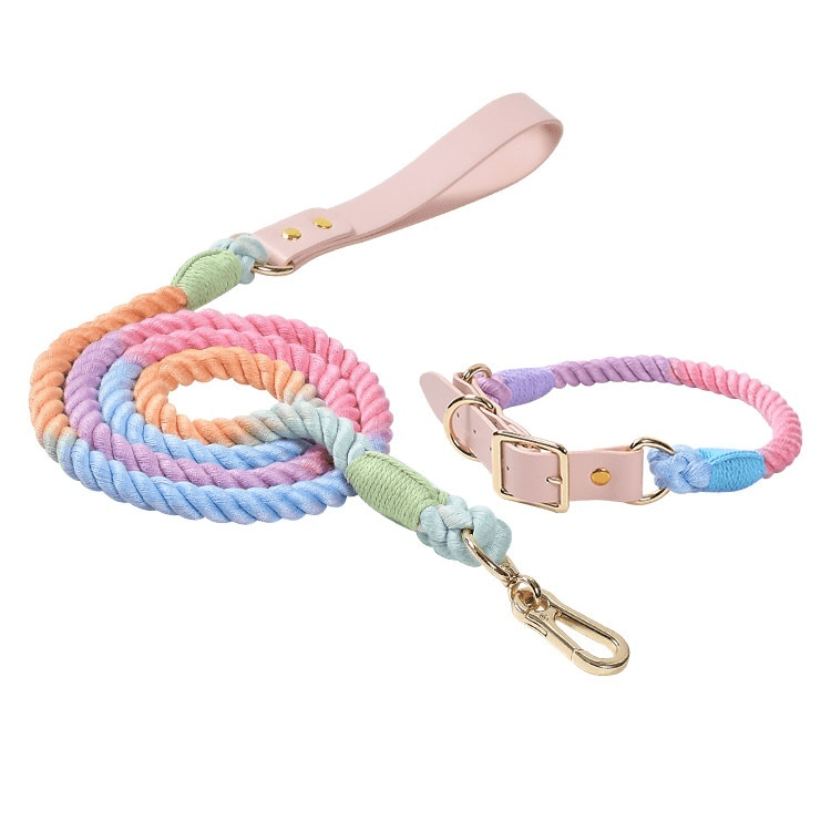 EleganceBound Collar Set, colorful cotton rope and leather design for dogs, luxury pet accessory by Dogs & Cats.