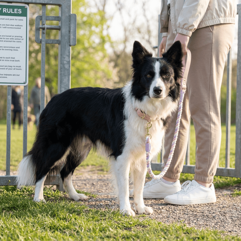 Border Collie wearing an EleganceBound Collar Set, showcasing luxury cotton and leather design for stylish dog walks.