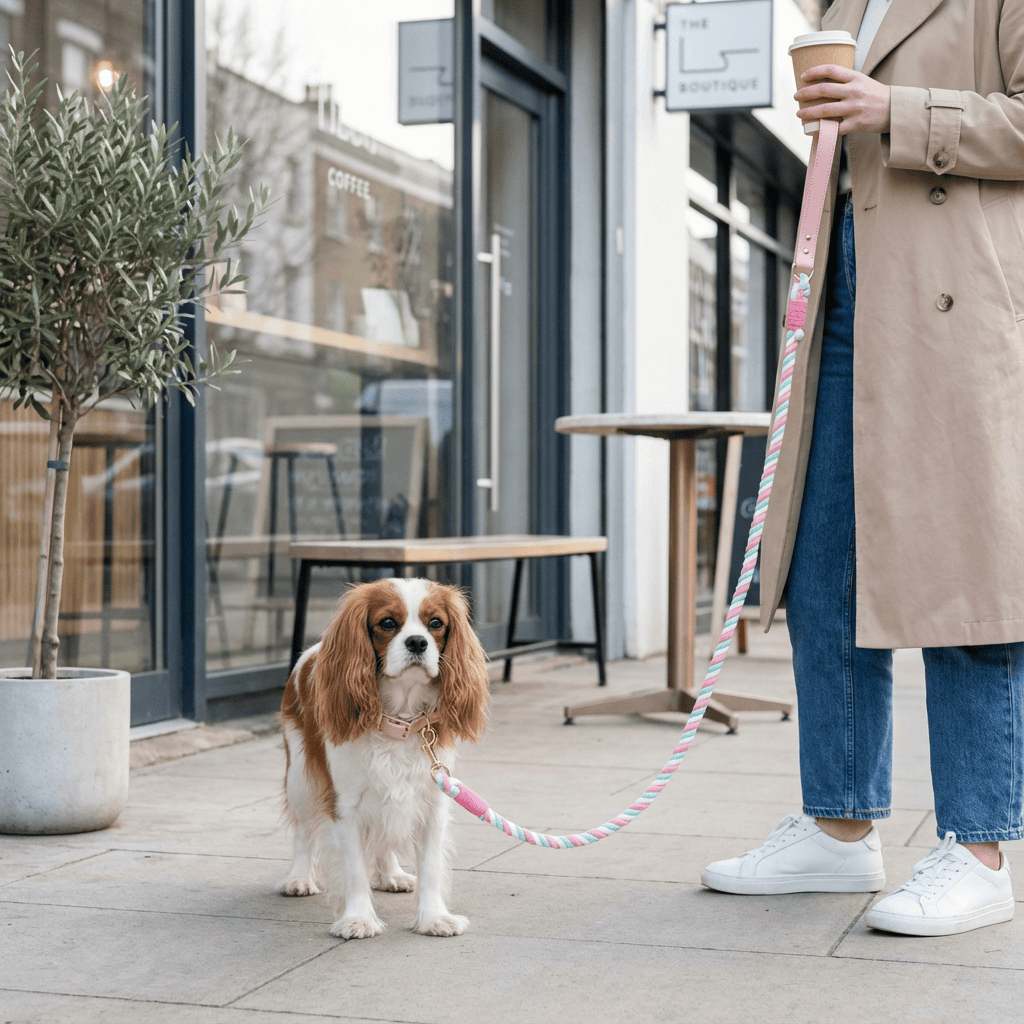 EleganceBound Collar Set on a stylish dog enjoying a coffee outing, showcasing premium leather and cotton features.