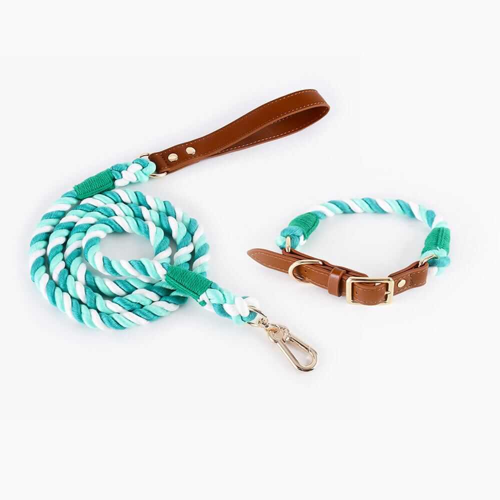 EleganceBound Collar Set: Cotton & Leather, stylish dog collar and leash for Dogs & Cats.
