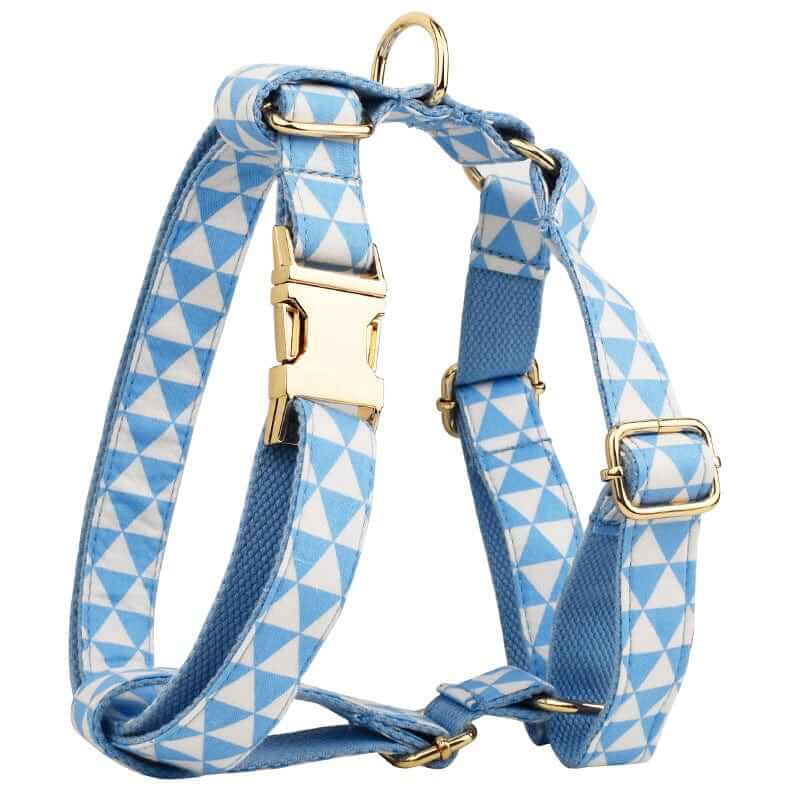 ElegancePaw 4-in-1 Dog Accessory Set harness in blue geometric design, stylish and comfortable for dogs, by Dogs & Cats.