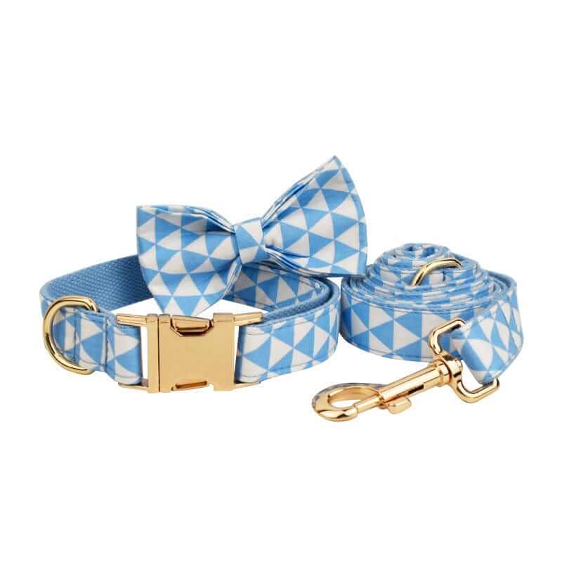 ElegancePaw 4-in-1 Dog Accessory Set featuring a stylish blue geometric collar, leash, and bowknot for fashionable dogs