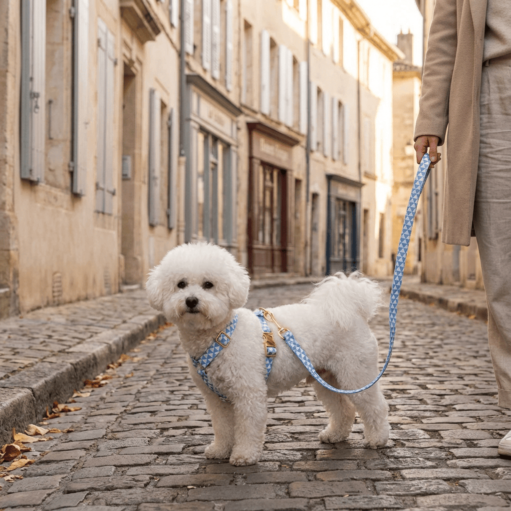 Elegant dog wearing the ElegancePaw 4-in-1 Dog Accessory Set harness and leash on a cobblestone street.